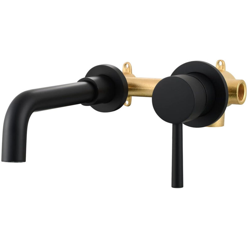 Mitigeur Lavabo Noir 2 Trous Robinet Mural Encastré en Laiton Eau Chaude et Froide pour Salle de Bain
