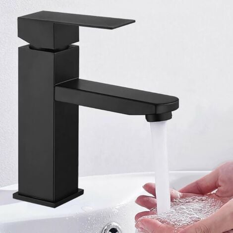 Mitigeur lavabo noir acier inoxidable levier unique eau chaude et froide avec 2 tuyaux（60cm） inclus robinet lavabo noir mitigeur salle de bain noir