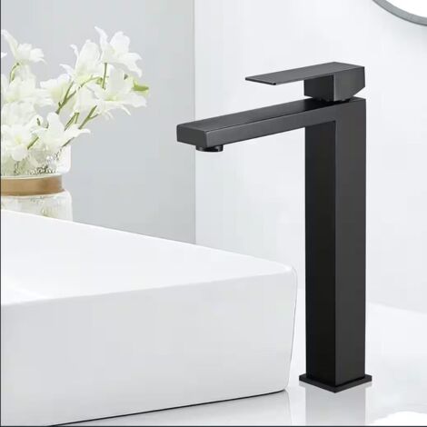 Mitigeur Lavabo Noir Haut 24 cm, Robinet Salle de Bain en Acier Inoxydable 304, Mélangeur Évier Moderne avec Bec Haut