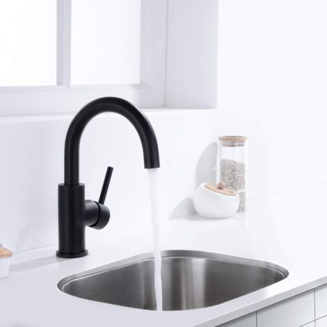 Mitigeur lavabo noir mat à bec haut pivotant 360° – Acier inoxydable 304 – Installation facile avec tuyaux flexibles – Pour salle de bain et cuisine – Faustina