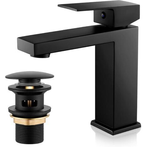 Mitigeur Lavabo Noir, Robinet Cascade Salle de Bain, Mitigeur Lavabo Monocommande avec Bonde de Lavabo Pop-up, Moderne Robinetterie Noir, G 3/8