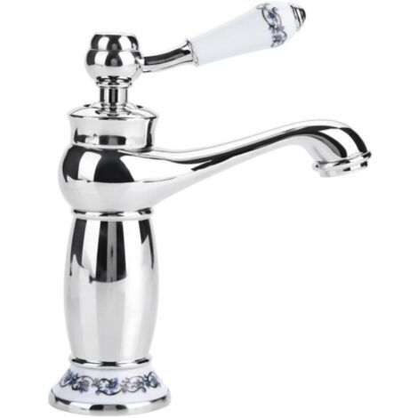 Mitigeur Lavabo Rétro Laiton Robinet Évier Céramique Porcelaine Bleu Blanc Long Cou Vintage Floral Eau Froide Chaude