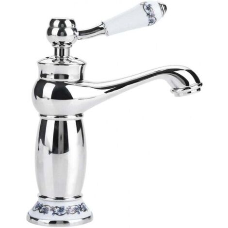 Mitigeur Lavabo Rétro Laiton Robinet Évier Céramique Porcelaine Bleu Blanc Long Cou Vintage Floral Eau Froide Chaude