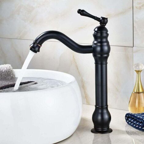 Mitigeur Lavabo Rétro,Robinet Salle Bain Noir Haut Peut pivoter à 360 °,RéTro Classique Robinet Salle de Bain Robinet Lavabo en Laiton Zamery