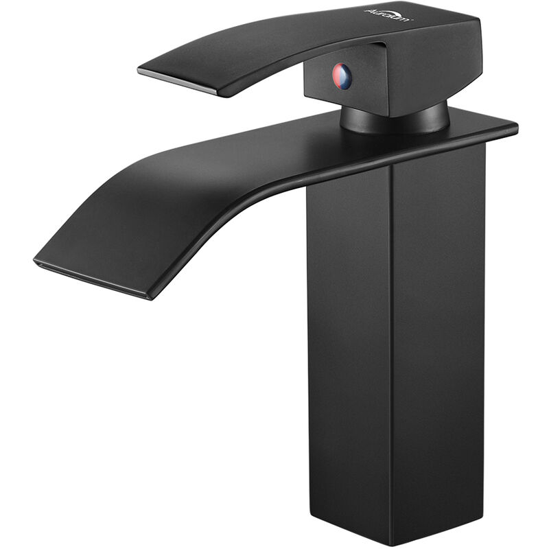 Auralum - Robinet Lavabo Cascade Noir, mise à niveau Moderne Mitigeur Salle de Bain, Robinetterie Grand Bec Carré en Laiton, Eau Chaude et Froide