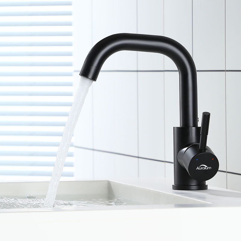 Auralum - Robinet Lavabo Noir avec Barboteur Démotable, Rotation à 360° , Mitigeur Salle Bain en Laiton, Robinetterie d'Eau Froide et Chaude pour
