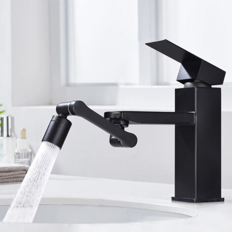 Mitigeur Lavabo Salle de Bain Noir avec Bec en Laiton – Robinet Design Moderne, Cartouche Céramique Anti-Fuite, Aérateur Anti-Éclaboussures Économiseur d’Eau