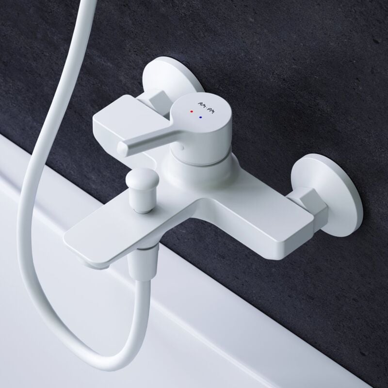 Mitigeur Baignoire Blanc Robinet Baignore Main Monté Mur pour Salle de Bains Mélangeur de Baignoire en Laiton - Am.pm