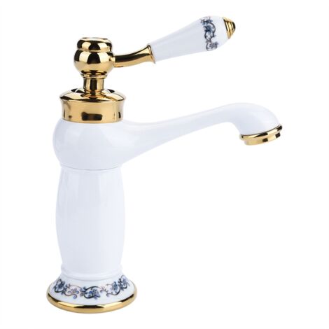 Mitigeur monocommande à motif floral pour lavabo de salle de bains (eau chaude/froide) (blanc)