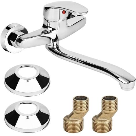 Mitigeur monocommande froid et chaud - Robinet de cuisine rotatif à 360° - Mural - Bras pivotant 24 cm - Chromé