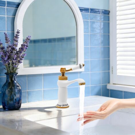 Mitigeur monocommande vintage en céramique à motif floral, eau chaude et froide, robinet en bronze pour lavabo de salle de bain, décoration d'intérieur (blanc)