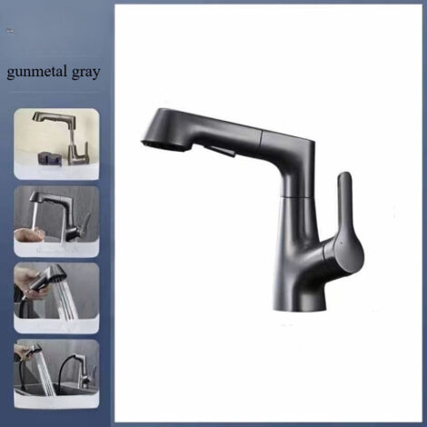 Mitigeur Monotrou à Tirage et Rotation avec Bec Extensible – Cartouche en Laiton, Eau Chaude et Froide, Finition Chrome ou Peinture, Pour Vasque et Lavabo