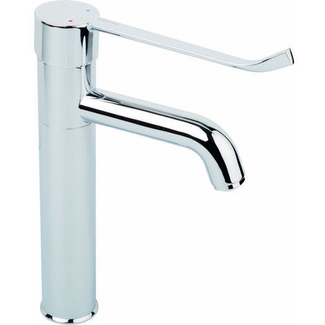 Delabie – Mitigeur monotrou avec bec fixe 165 x 140 mm – Filetage 3/8' pour entrée et sortie – Débit régulé 5 l/min – Cartouche céramique Ø 35