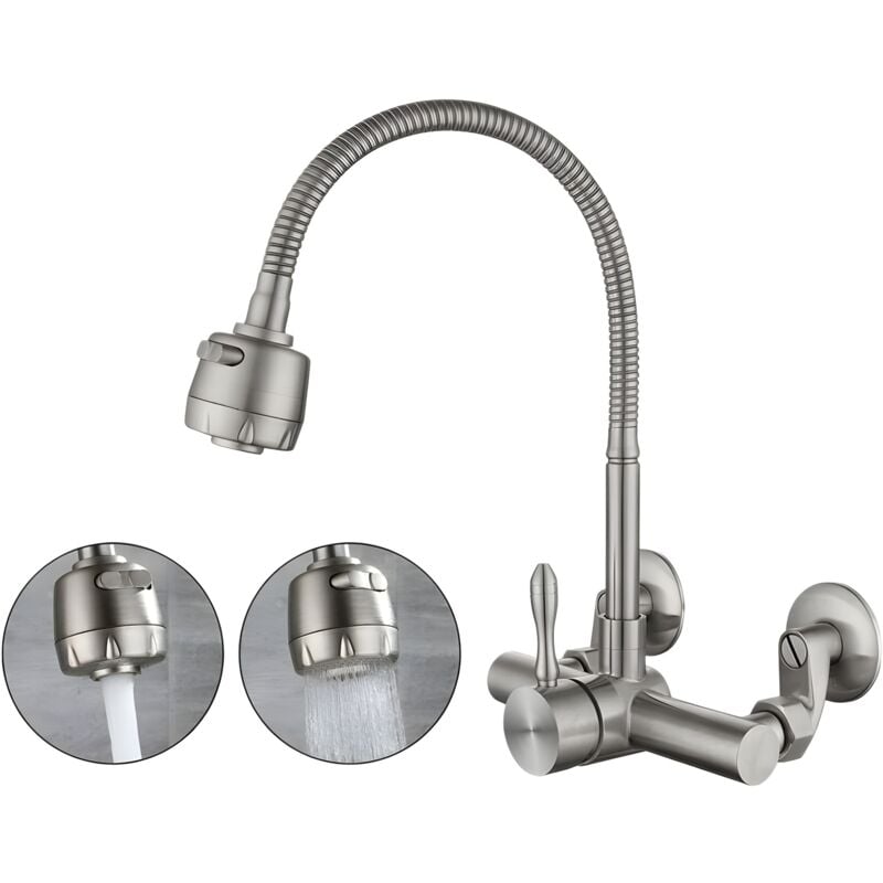 Mitigeur Mural Cuisine,Matériau En Acier Inoxydable 304 De Qualité Alimentaire,Rotatif à 360 ° Robinet Mural De Cuisine Des Trous De Montage 12CM-18CM