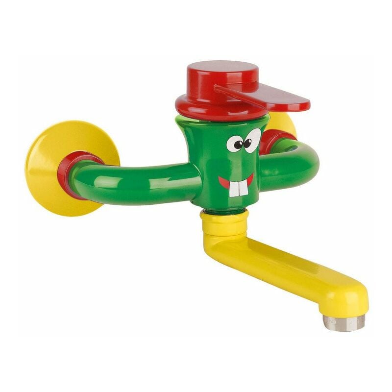 Mélangeur lavabo mural série kids avec mitigeur monocommande à disque céramique Idral 01221 Laiton - Vert, rouge et jaune