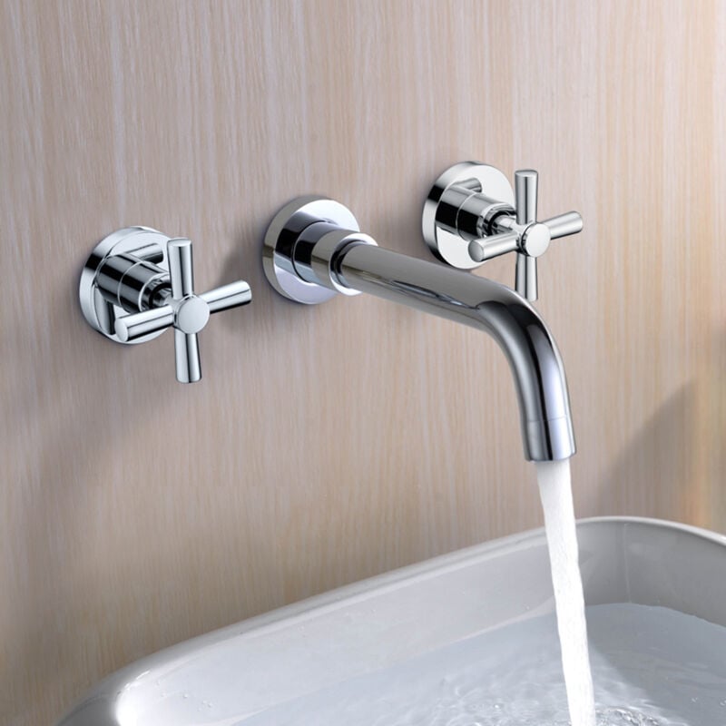 Mélangeur de Lavabo Mural chromé, Robinet de lavabo avec trois trous à deux poignées - Sumerain