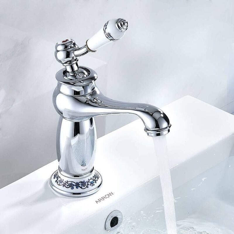 Choyclit - Mitigeur Robinet Lavabo Laiton Céramique Évier Robinet Noir et Blanc en Porcelaine à Long Cou Vintage Floral avec l'entrée Robinet d'eau