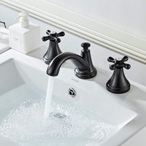 Mitigeur Robinet Lavabo Salle De Bain, Noir Mat, 2 poignées 3 Trous