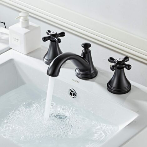 Mitigeur Robinet Lavabo Salle De Bain, Noir Mat, 2 poignées 3 Trous
