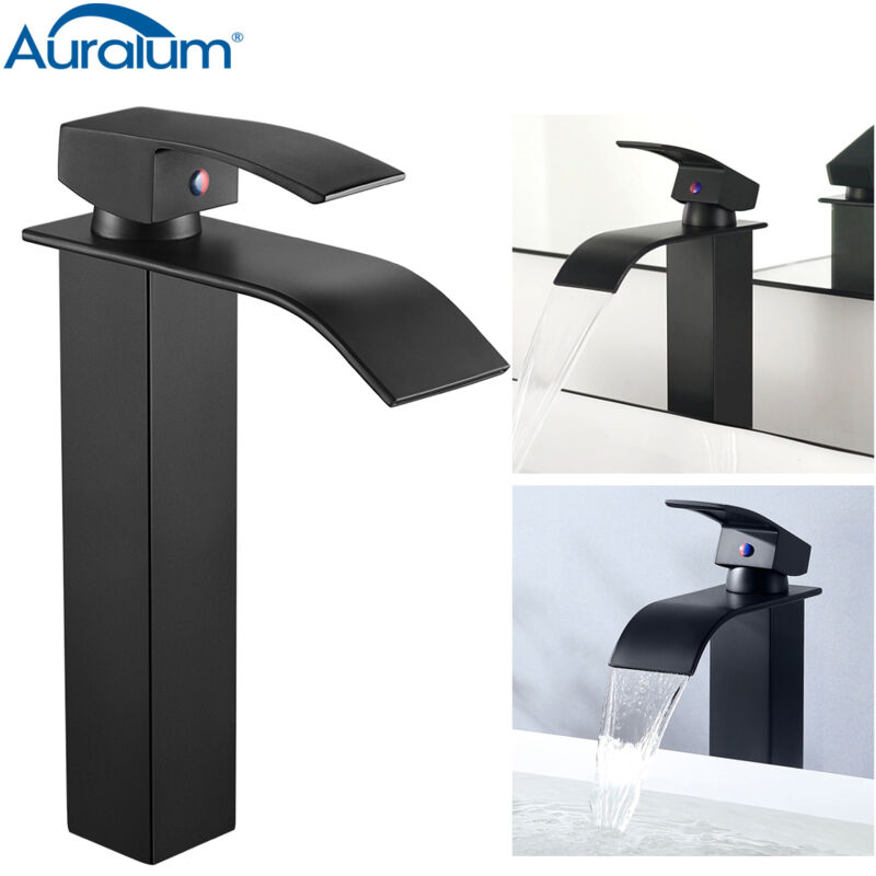 Auralum - Robinet de Lavabo Cascade Noir Bec Haut Mitigeur Vasque à Poser Robinet Salle de Bain en Laiton