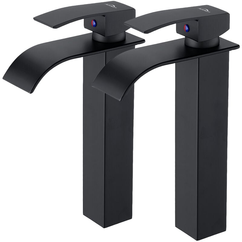 Auralum - 2pcs Mitigeur Robinet Salle de Bain Noir Bec Haut Robinet de Lavabo Cascade Mitigeur Vasque à Poser Lave-main Robinetterie Monocommand en