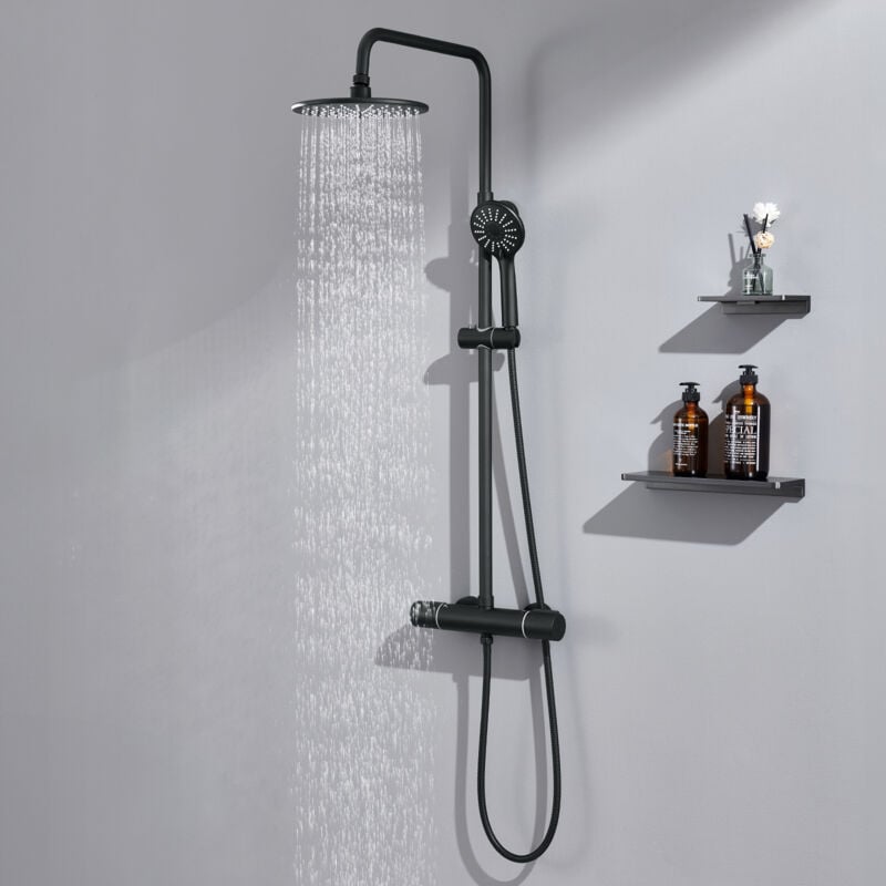 Colonne de Douche Noir avec Mitigeur Thermostatique de 38°C, Mitigeur Douche avec 9' Tête de Douche et Pommeau à Main 3 Jets, Système de Douche