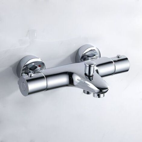Mitigeur thermostatique de baignoire, robinet de douche thermostatique en cuivre, robinet de baignoire avec butée de sécurité 38 °C, robinet de douche mural à deux sorties, entraxe 150 mm, argent