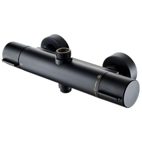 Mitigeur Thermostatique de Douche 38℃ Bain noir Thermostatique de Douche Robinet de Douche à Deux Sorties Bas G 1/2" Haut 3/4" BSP Robinet de Douche en Laiton Chromé