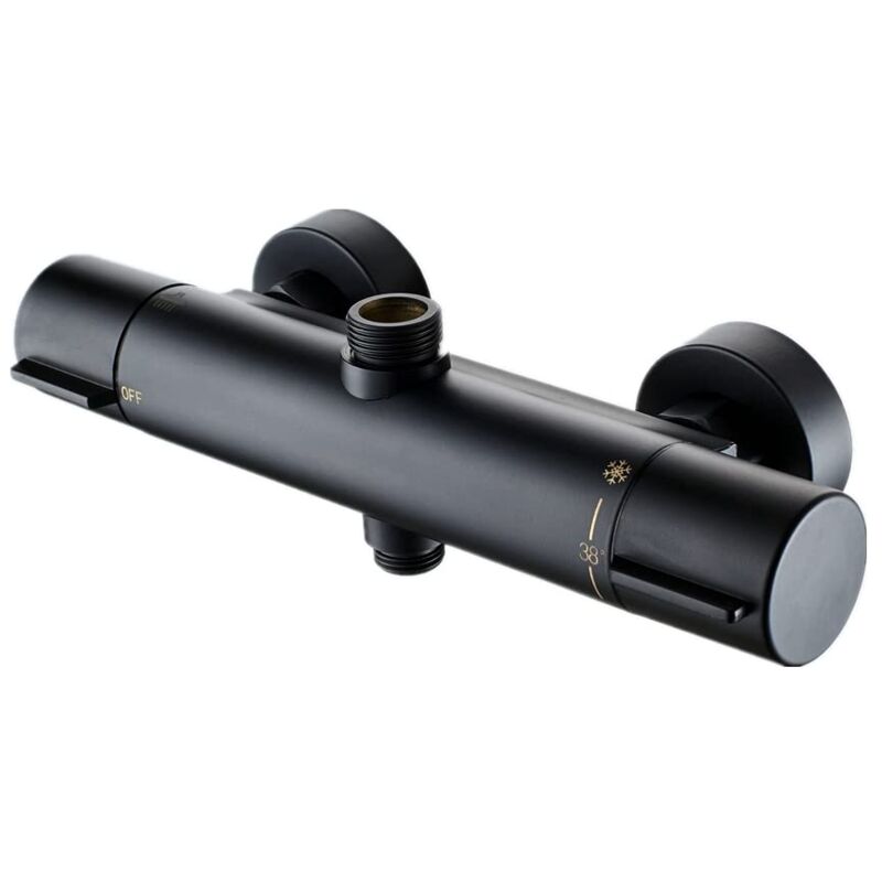 Mitigeur Thermostatique de Douche 38℃ Bain noir Thermostatique de Douche Robinet de Douche à Deux Sorties Bas G 1/2' Haut 3/4' BSP Robinet de Douche