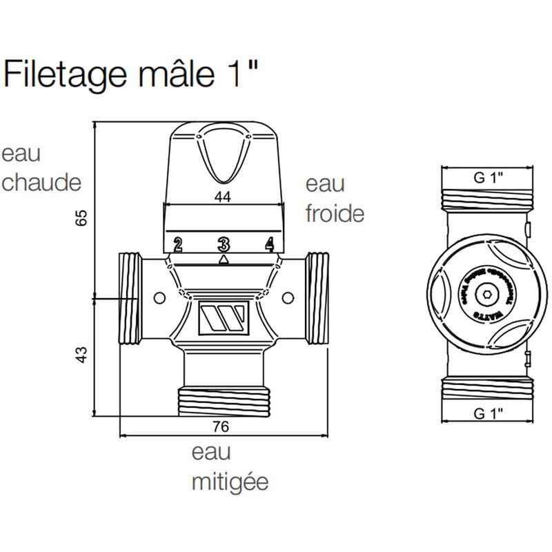 Watts - Mitigeur thermostatique Solaire mmv-s - corps 1' (26/34) Laiton - Mâle g 1' (26/34)