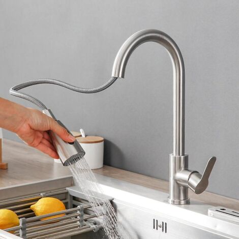 mitigeurs De Cuisine - Argent Bross, Robinets En Acier Inoxydable Avec Tuyau De Douche, Robinets Tlescopiques Pour Le Chaud Et Le Froid