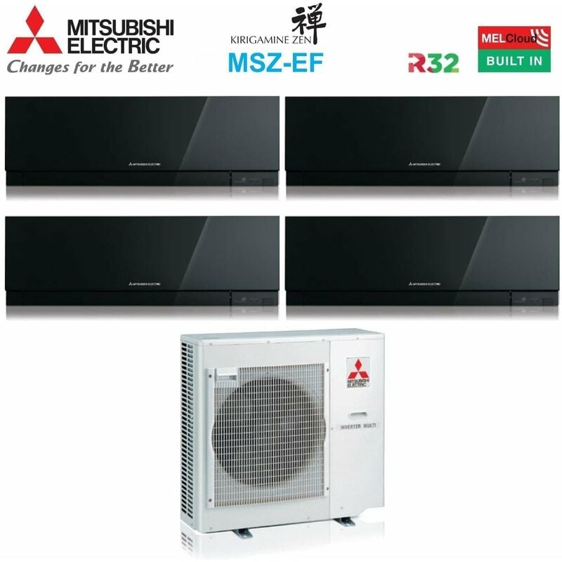 Mitsubishi Electric Quadri Split rèversible Climatiseur série KIRIGAMINE ZEN BLACK MSZ-EF 7+7+7 avec MXZ-4F80VF R-32 Wi-Fi intégré Couleur Noir