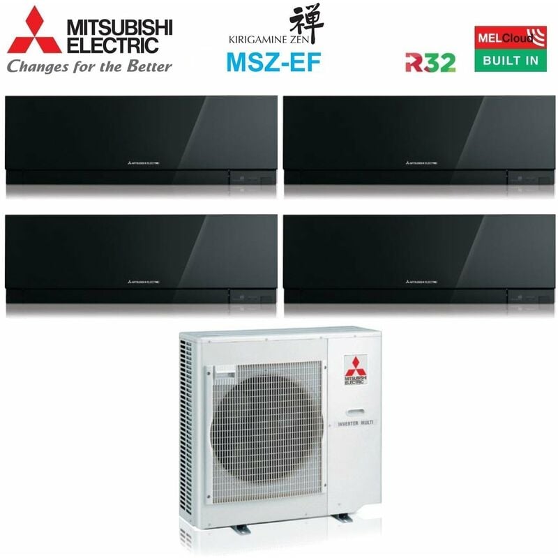 mitsubishi electric quadri split inverter climatiseur série kirigamine zen black msz-ef 7+9+12+12 avec mxz-4f72vf r-32 wi-fi intégré couleur noir