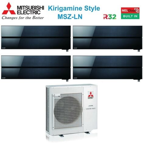 Mitsubishi Electric Quadri Split Inverter Klimagerät Serie Kirigamine Style MSZ-LN 9+9+12 mit MXZ-4F72VF Onyx Schwarz R-32 Wi-Fi Integriert Farbe Schwarz 9000+9000+12000