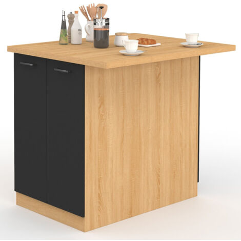 Mittelinsel IVO 120 cm Holz in Bucheoptik schwarze Türen mit Arbeitsplatte