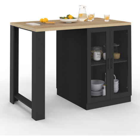 Mittelinsel LINO 120 cm 2 Personen schwarzes Holz mit Arbeitsplatte in Buchenholzoptik und Glastüren