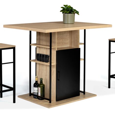Mittelinsel UGO 110 cm aus schwarzem Holz und Buchenholzimitat mit Ablagefächern im Industriedesign
