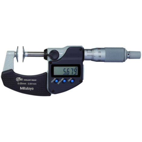 Mitutoyo Digitale Bügelmessschraube IP65 für Zahnweitenmessungen, 0-25 mm, Scheibe=20 mm