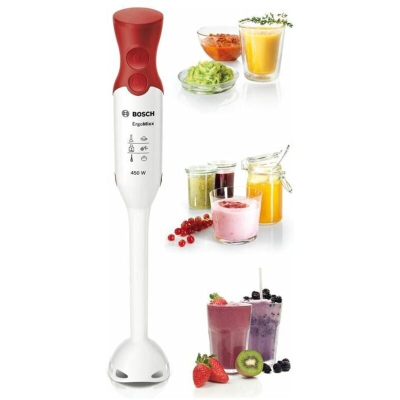 ErgoMixx MSM64010 - Frullatore a mano, 450 w, velocità Turbo, cupola a quattro lame con ciotola di miscelazione, rosso e bianco - Bosch