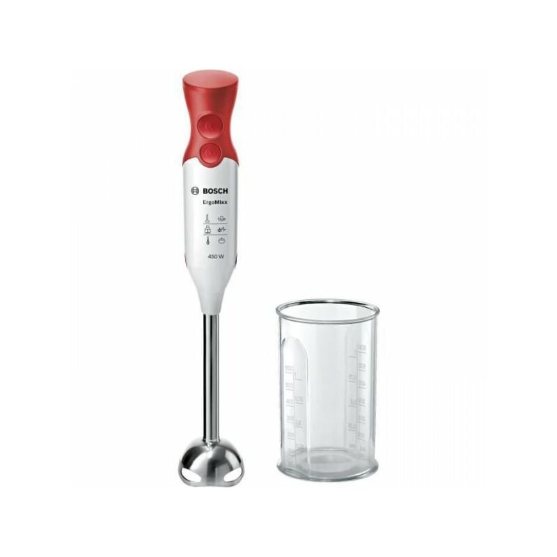 Bosch - Mixeur Electrique plongeant ErgoMixx MSM64110 - 450W - Pied inox - 4 lames aiguisées - 2 vitesses - Bol gradué 600ml - blanc/rouge