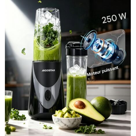 Mixeur portable Aigostar 250W 0,5L, mélangeur à smoothies et jus avec gobelet de voyage, mini mixeur compact et pratique pour usage domestique