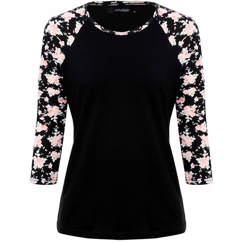 

playera holgada de manga larga informal con estampado floral para mujer,Negro M - Mixfeer
