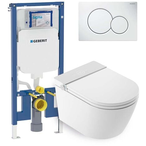 Mizubath - Set WC giapponese sosp. Rada bianco - Risciacquo ad acqua - Asciugatura ad aria - Modulo Geberit Duofix 8 cm - Placca comando doppio bianca