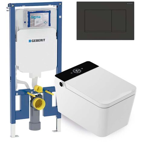 Mizubath - Set WC giapponese sospeso Isla nero - Risciacquo ad acqua - Asciugatura ad aria - Modulo Geberit Duofix 8 cm - Placca comando doppio nero