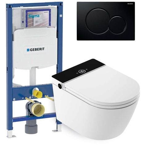 Sanitario Bagno WC Quadrato Sospeso 345x350x500mm Completo con Sedile Copri  WC Soft Close, Telaio con Cassetta ad Incasso con Placca di Comando per WC