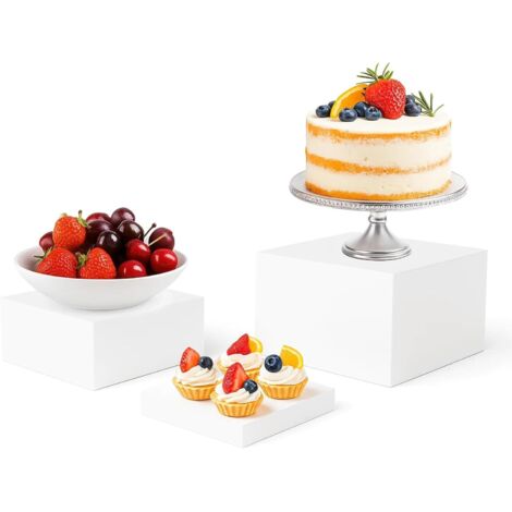 M.J COMFY-LIFE 3PCS Buffet Risers Acrylic Food Risers Cube Storage Boxes 6'' x 7'' x 8'' Cupcake Dessert Display Stands with Bottoms for Weddings Parties White Catering Jewelry Collectibles