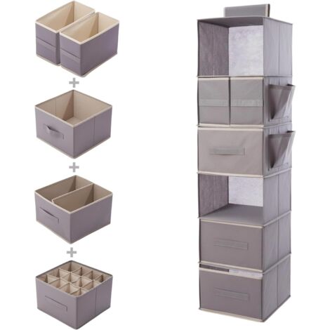 M.J COMFY-LIFE 6-Shelf Hanging Closet Organizer with Drawers and Side Pockets  Fabric Wardrobe Storage for Clothes, Socks, and Accessories (Grey)