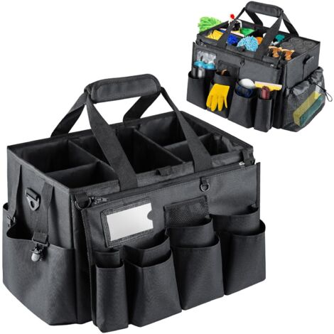 M.J COMFY-LIFE Cleaning Caddy Organizer with Handle, Large Multi-Compartment Cleaning Tote Bag with Removable Dividers, Adjustable Shoulder Strap & Waist Belt for Cleaning Supplies (BLACK)