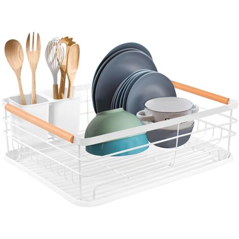M.J COMFY-LIFE Dish Drainer Rack with Removable Drip Tray - Large Space Saving Kitchen Drying Rack for Plates, Bowls & Cutlery - Rust-Proof Metal Frame with Wooden Handles (WHITE)
