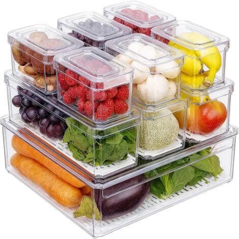 M.J COMFY-LIFE Set of 10 Fridge Organizers with Lids 3Sizes Clear Stackable Refrigerator Storage Bins with Drain Holes BPA-Free Plastic Food Containers for Fruits Vegetables Pantry Kitchen Cabinet Org